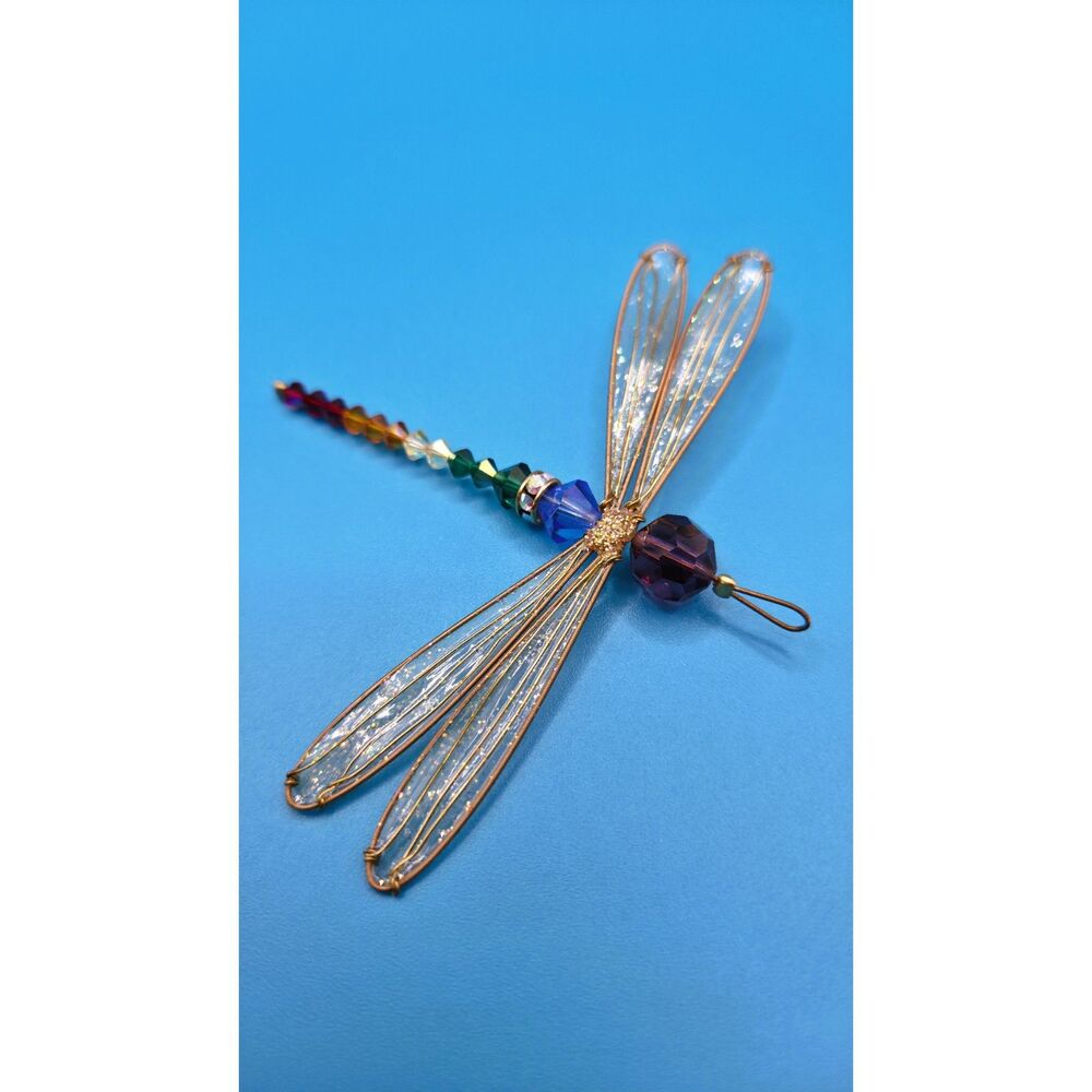 7 Chakra Swarovski Crystal Dragonfly Pendant Rainbow Suncatcher Gold Tone 3.5" - Picture 11 of 16